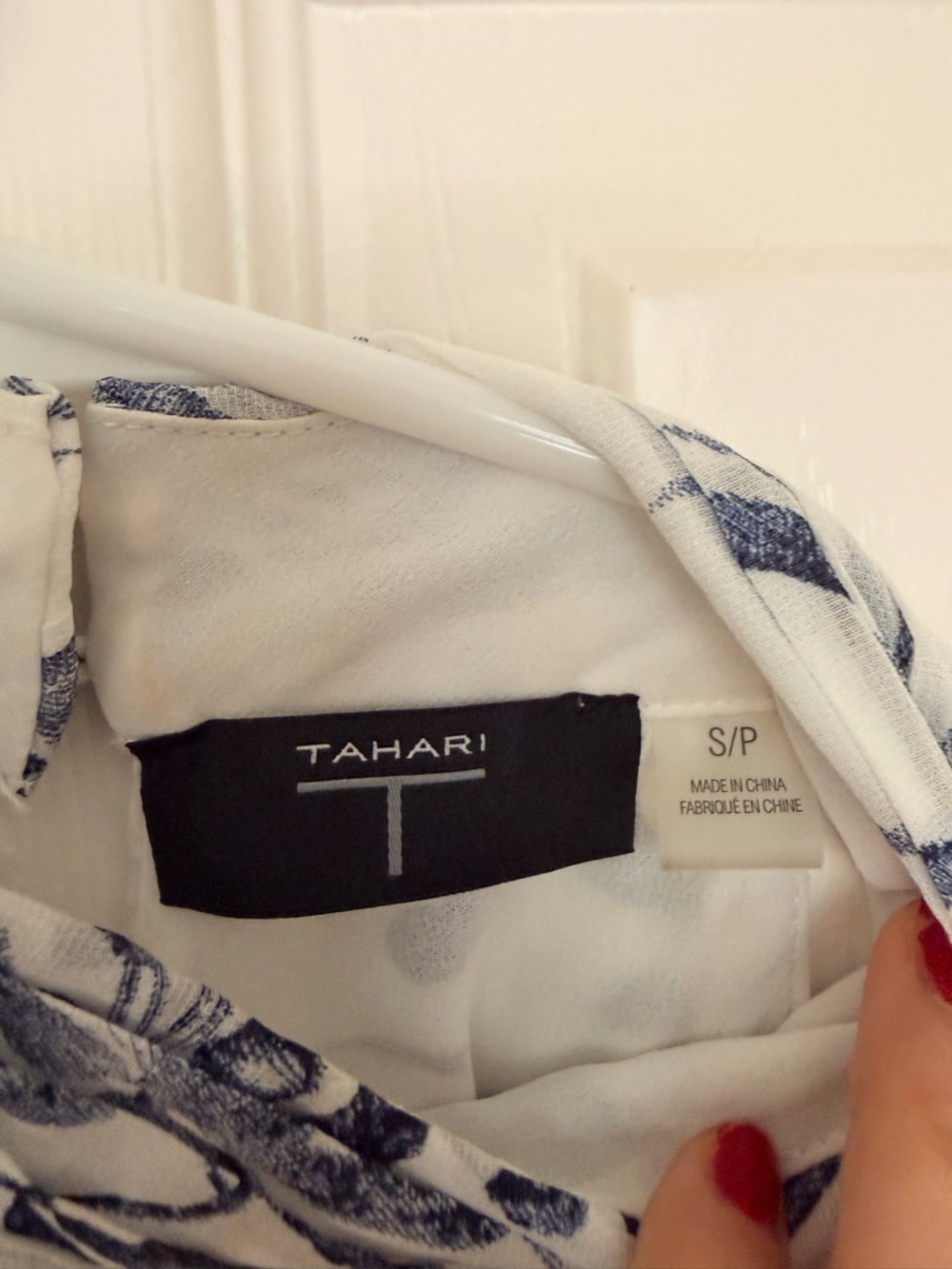 Tahari Sleeveless Floral Sheer Halter Top in White & Blue - Picture 4 of 6